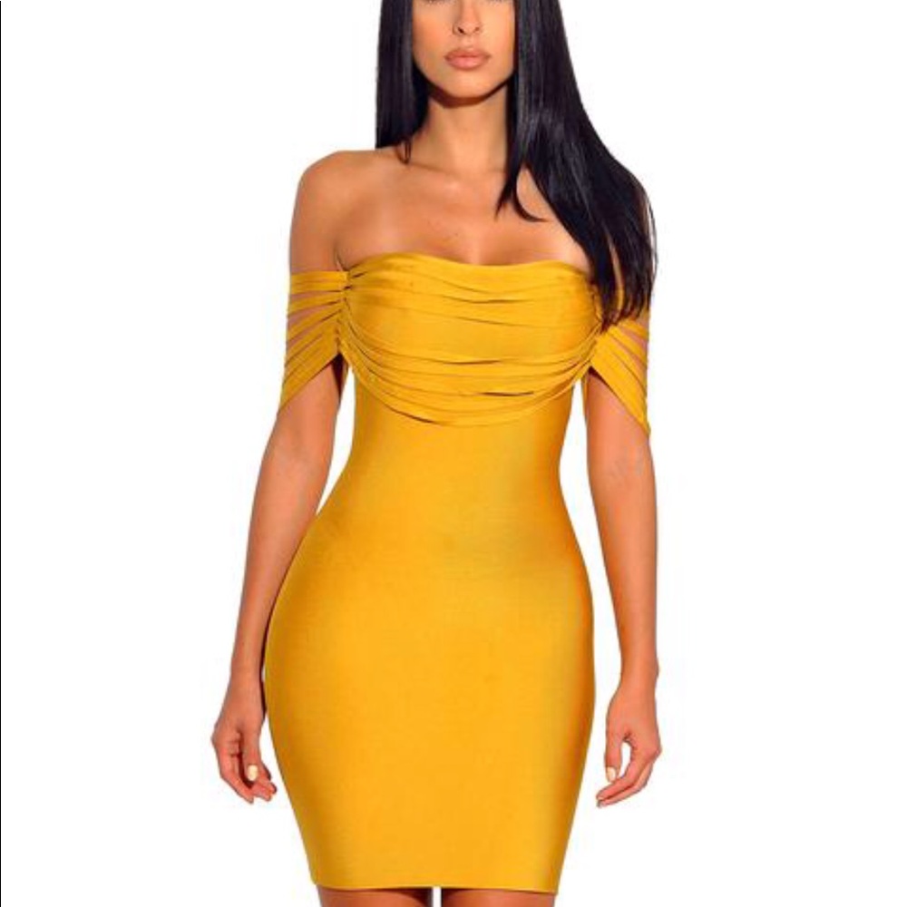 Yellow Fringe Off Shoulder Bandage Dress S